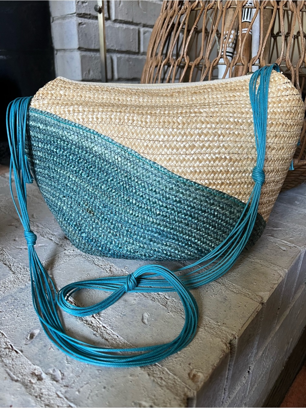Barbara Bolan Italy Vintage Woven Straw Colorblock Crossbody Shoulder